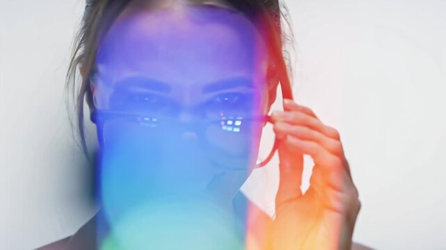 Close-up of a smiling woman eyeglasses, white seamless background animated light particles abstract color glows reflecting glasses, focus bokeh highlights, conveys creativity positivity, cinematic 4K