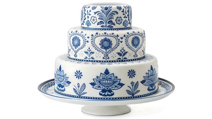 Three-tiered wedding cake with intricate blue and white pattern on a white background
