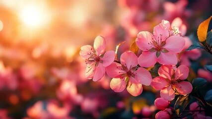 Pink spring blossoms with romantic mood glowing in warm sunset light against soft bokeh garden background