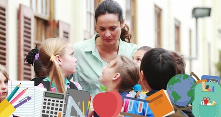 Teacher with children, school supplies animation over outdoor educational setting - Powered by Adobe