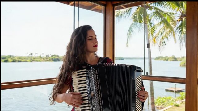 Beautiful Brunette Woman Playing Accordion in Glass Room by the River