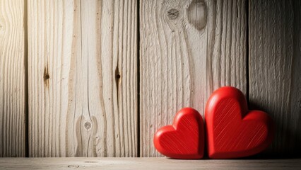 Two red hearts on a wooden background for Valentine's Day