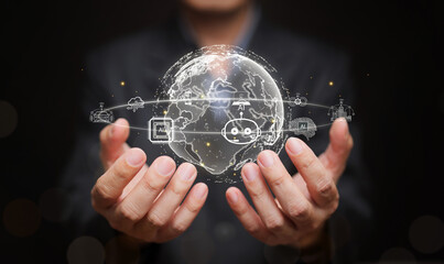 The world driven by AI concept. Businessman holding digital globe with artificial intelligence icons. Global Ai integration in robotic, smart city, automation, and future technology transformation.