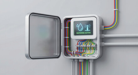 Smart irrigation control box on a wall with wiring and digital display showing "Watering Active", 3D illustration of modern garden automation technology