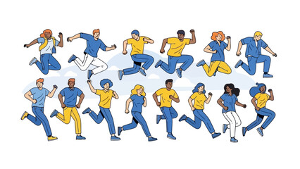 A diverse group of people in athletic wear running and jumping in a dynamic illustration.