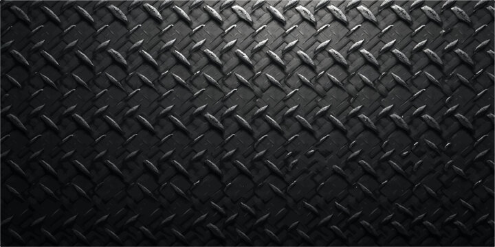 Seamless black leather and metallic steel plate texture background with an industrial diamond pattern on a rough gray aluminum surface for a grunge construction material wallpaper