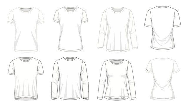 Collection of eight white t-shirt designs, including short and long sleeves, front and back views.