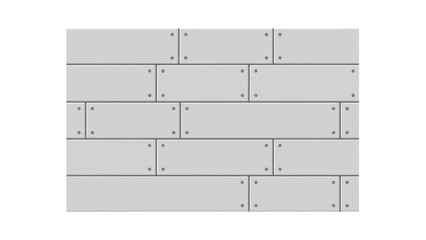 A seamless pattern of light gray rectangular metal plates with visible rivets, arranged like bricks on a white background.