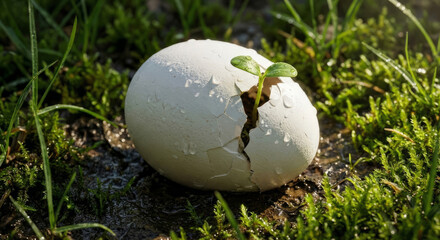 Small green sprout growing out of cracked egg shell on mossy ground, ecological startup or rebirth