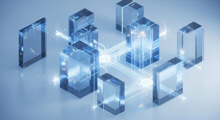 Transparent wireframe architecture with glowing network pathways