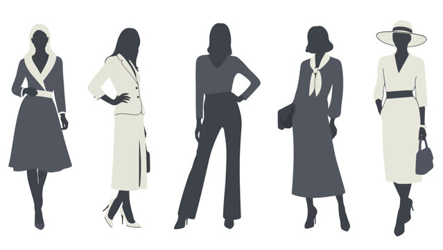 Silhouettes of five women in elegant vintage fashion, showcasing diverse styles and silhouettes from different eras.