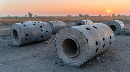 Large industrial insulation rolls scattered on dusty ground at sunrise with soft orange sky in the background