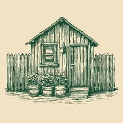 Wooden shed illustration with fence and flower pots