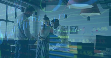 Business colleagues discussing tablet data in open office, showing animated charts and laptop icons - Powered by Adobe