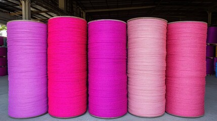 Large industrial spools of brightly colored cordage in shades of pink and purple