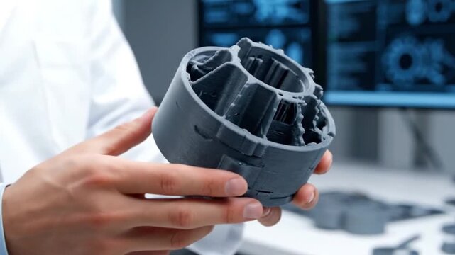 Engineer Inspecting 3D Printed Industrial Mechanical Component in Laboratory