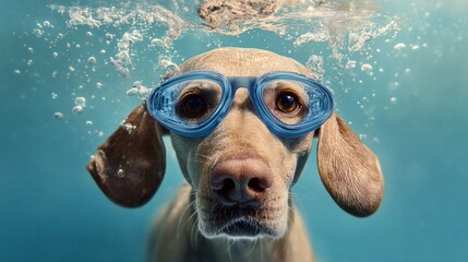 Dog swimming underwater while wearing protective goggles, captured in clear blue water with bubbles and expressive eyes.