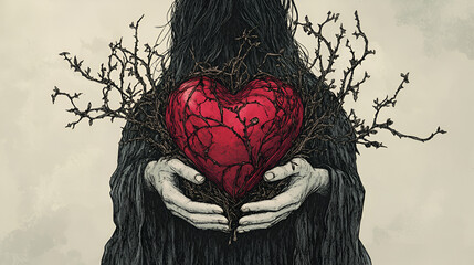 Dark, mystical figure with long hair holds a vibrant red heart entwined with thorny branches, symbolizing love, pain, and the complexity of human emotions in an artistic illustration