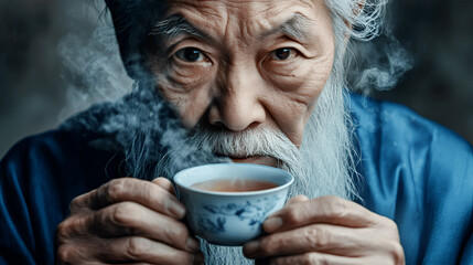 Elderly man with long white beard, holding a steaming cup of tea, wearing a blue traditional garment, surrounded by a serene atmosphere, reflecting on life and wisdom