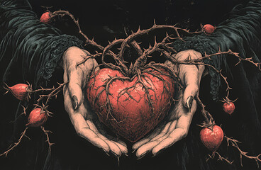 Hands holding a red heart entwined with thorny vines, surrounded by small red berries, showcasing a blend of beauty and darkness in a striking visual narrative