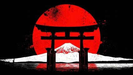 Majestic Japanese torii gate with Mount Fuji at sunset