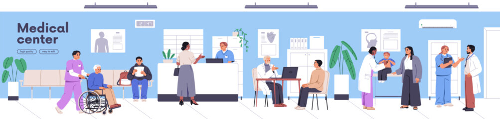 Horizontal banner of medical center, clinic. Patients waiting in hospital hall, visiting doctor office for healthcare appointment. Health checkup, consultation and treatment. Flat vector illustration