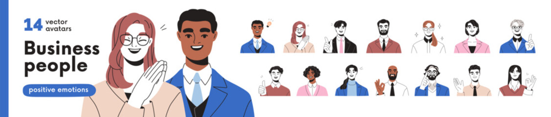 Happy, smiling business people avatars set. Head portraits of cheerful, friendly employees. Male, female office workers with positive expressions. Flat vector illustration isolated on white background