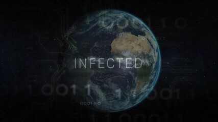 Scene opening showing rotating Earth with pulsing data lines labeling INFECTED indicating breach - Powered by Adobe