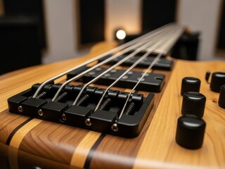 Close up of electric bass guitar bridge and strings on wooden body with black knobs with guitar strings and wooden guitar body and black guitar knobs and music