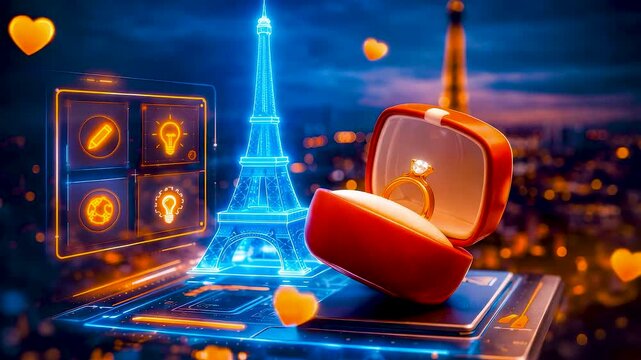 Romantic travel proposal scene with engagement ring box and glowing digital interface overlooking Paris cityscape at night