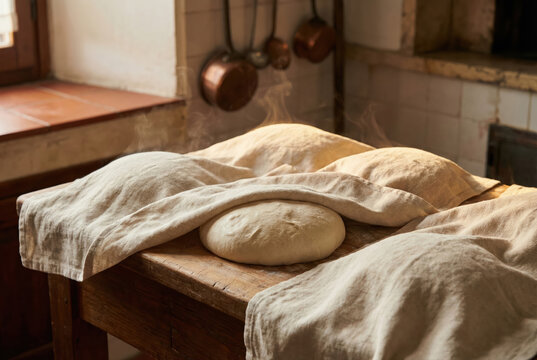 Masa de pan en proceso de fermentaci&oacute;n cubierta con pa&ntilde;os en cocina r&uacute;stica