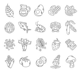 Food allergen set in outline line art featuring common allergenic ingredients including dairy nuts seafood grains fruits vegetables for everyday nutrition communication