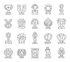 Sport trophy award prize set in outline line art designed for competitions celebrating victories achievements championships ceremonies honors winners records and rankings