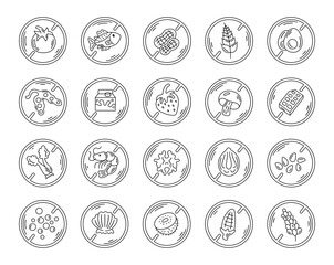 Allergen warning set in outline line art featuring food restriction symbols allergy intolerance labels information packaging nutrition communication public health