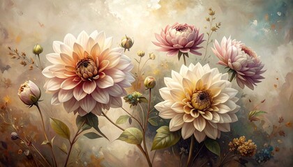 Watercolor Dahlia Flowers Blooming in Soft Pastel Artistic Painting with Delicate Petals
