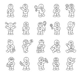 Human emoji face character set in outline line art showing children emotions poses activities with balloon gift candy book ice cream everyday feelings