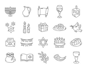 Traditional Hanukkah celebration set in outline line art featuring jewish holiday symbols dreidel, torah scroll, kiddush cup, sufganiyot, gift, shofar, challah, garland