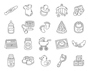 Pregnancy maternity newborn essentials set in outline line art featuring baby care items nursery parenthood timeline toys feeding hygiene mobility ultrasound