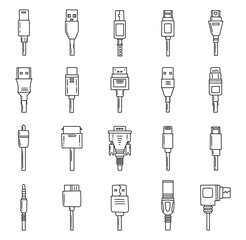 Usb type connector set in outline line art featuring various plug types adapters cords common ports electronics devices communication power data