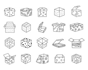 Packaging box set in outline line art featuring assorted cardboard parcels shipping packages storage solutions design projects retail logistics commerce