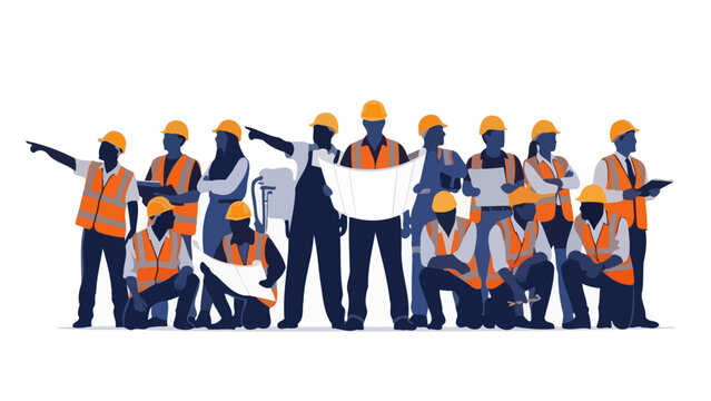 A diverse group of construction workers in hard hats and safety vests stand together holding blueprints and pointing.