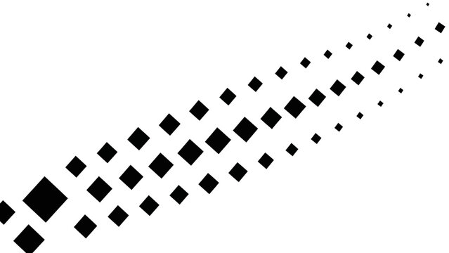 A dynamic abstract pattern of black squares of varying sizes arranged diagonally, creating a sense of motion and progression.