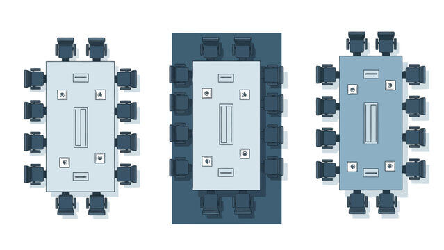 Three different conference table arrangements with chairs around them, viewed from above.