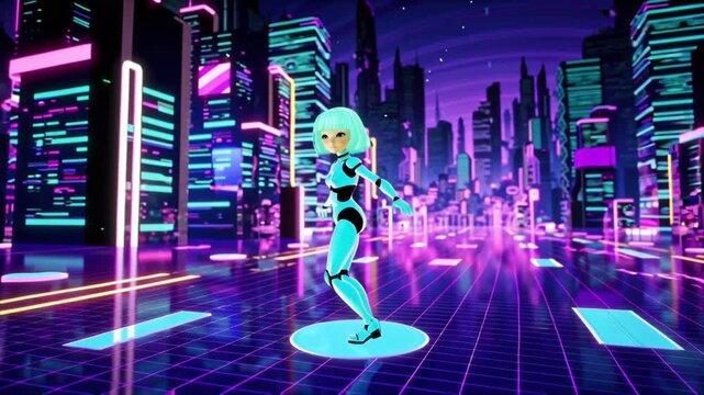 Futuristic cyberpunk stock video, humanoid robot girl doll light green bob-cut hair metallic blue skin interacting floating neon holographic interfaces, gesturing swiping glowing panels, digital rain