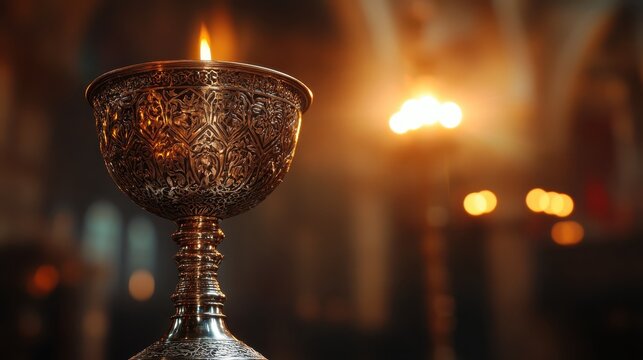 Ornate Silver Chalice with Lit Candle in a Religious Setting