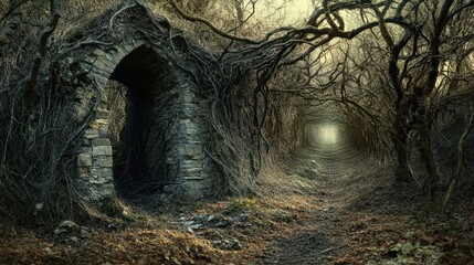 Overgrown stone archway leading into a dark forest tunnel with tangled vines covering the crumbling structure and a winding path