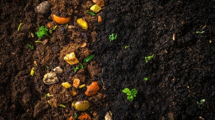 Overhead view of composting with food waste and dark earth
