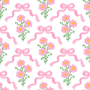 Preppy coquette seamless pattern with pink bow ribbon and bouquet of flowers. Floral elegance damask background. Spring or summer season