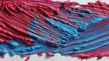 Textured Canvas with Thick Strokes of Red and Blue Oil Paint Abstract Background