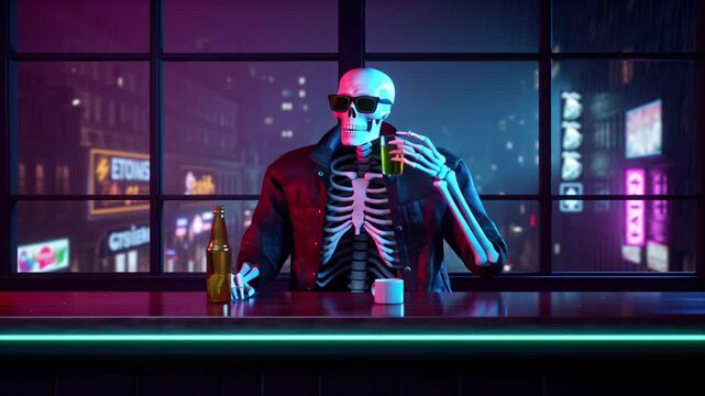 Cinematic skeleton vintage tuxedo top hat sitting polished wooden bar, sipping whiskey, 1920s jazz lounge background blurred musicians, warm golden light beams smoke haze cinematic tapping foot 4k
